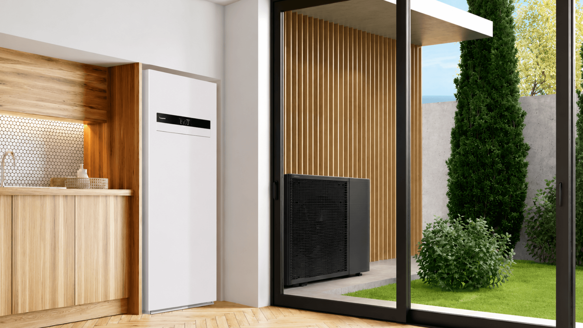 Intérieur d'une maison équipée d'une pompe à chaleur air-eau Panasonic Aquarea