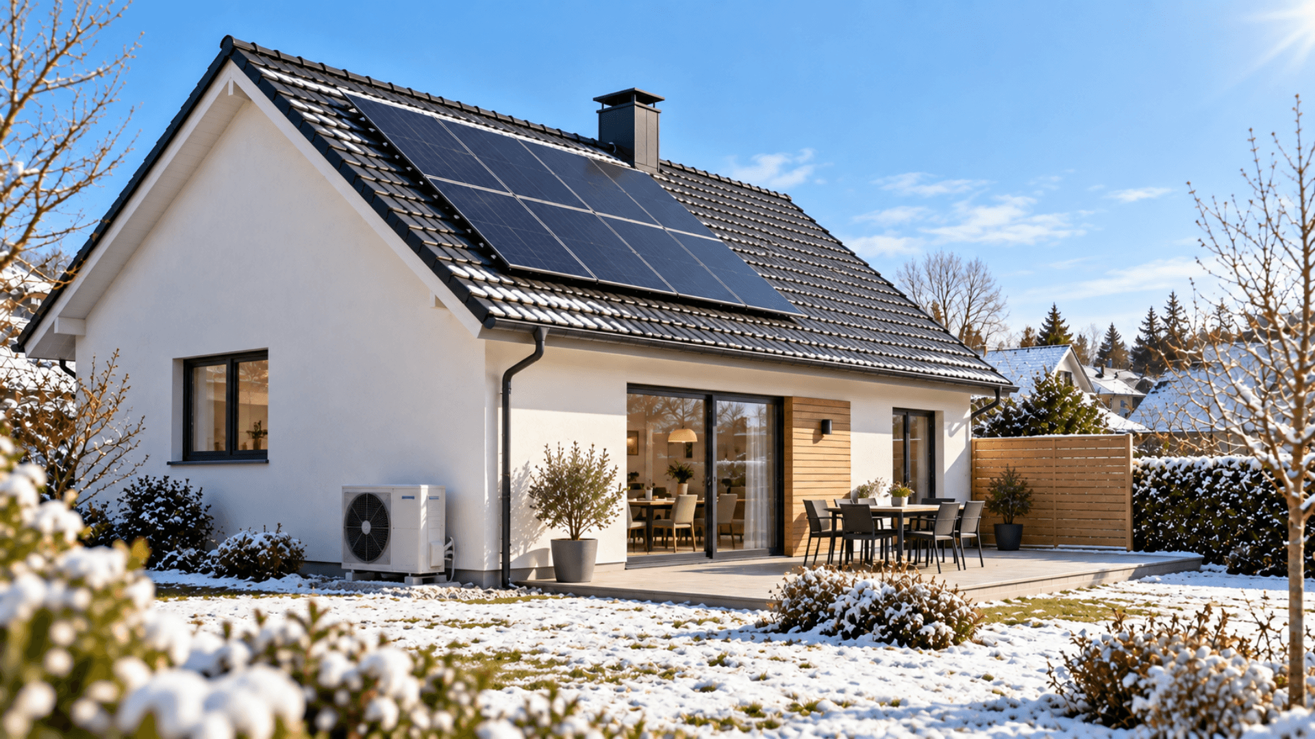 Maison équipée de panneaux solaires et d'une pompe à chaleur par une journée ensoleillée