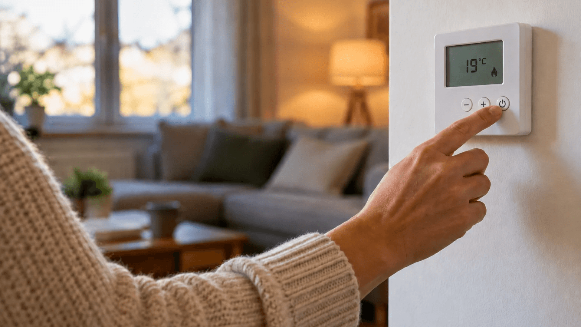 Personne ajustant le thermostat de son chauffage dans son salon en automne